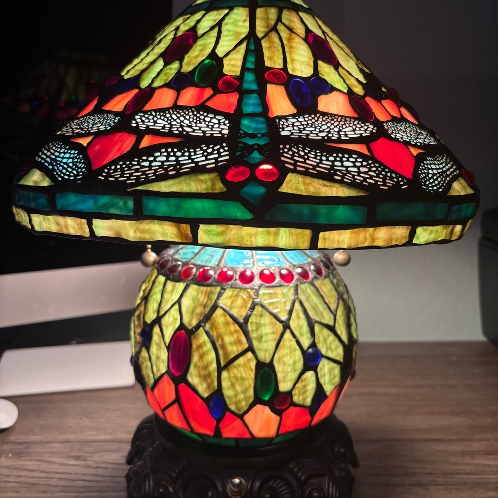 Stained Glass Tiffany-Style Dragonfly Table Lamp — Multicolor